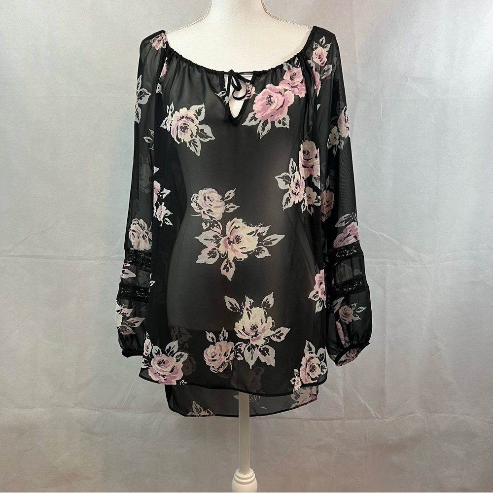 Lauren Conrad Womens Top Whimsygoth Sheer Black Pink Roses Size Small